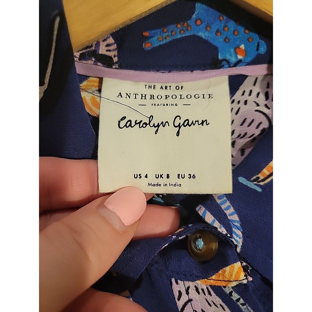 Anthropologie Carolyn Gavin Shirt Blue Mariposa Silk Blouse Cat Lion Leopard 4 - Picture 6 of 8